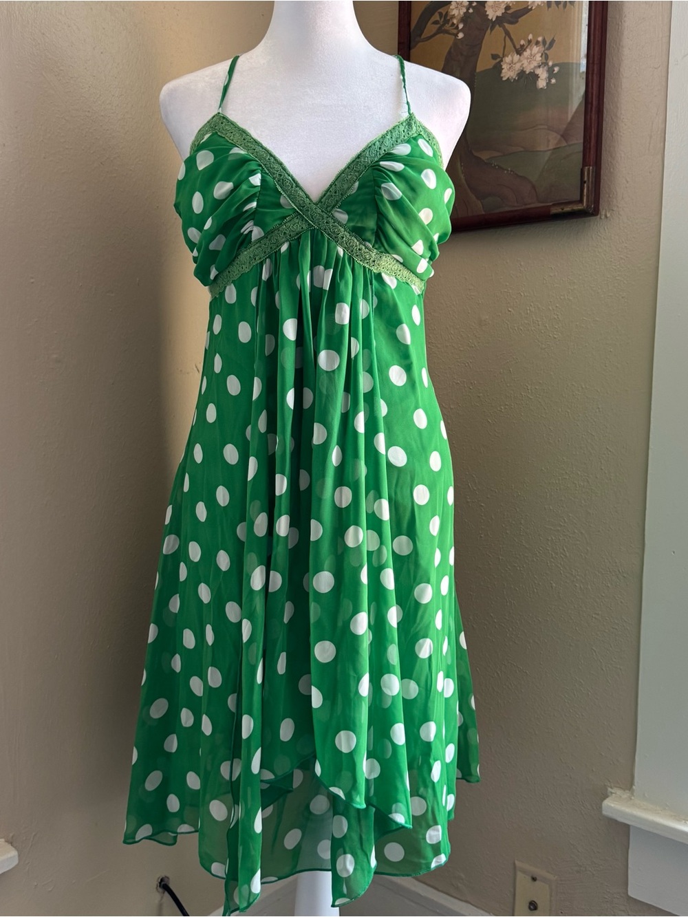 B. Smart Green and White Polka Dot Spaghetti Strap Dress